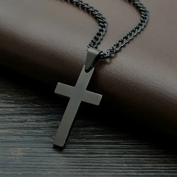 Black Cross Necklace Pendant with 21in Black Chain Men's Women's unisex Necklace - Picture 1 of 3